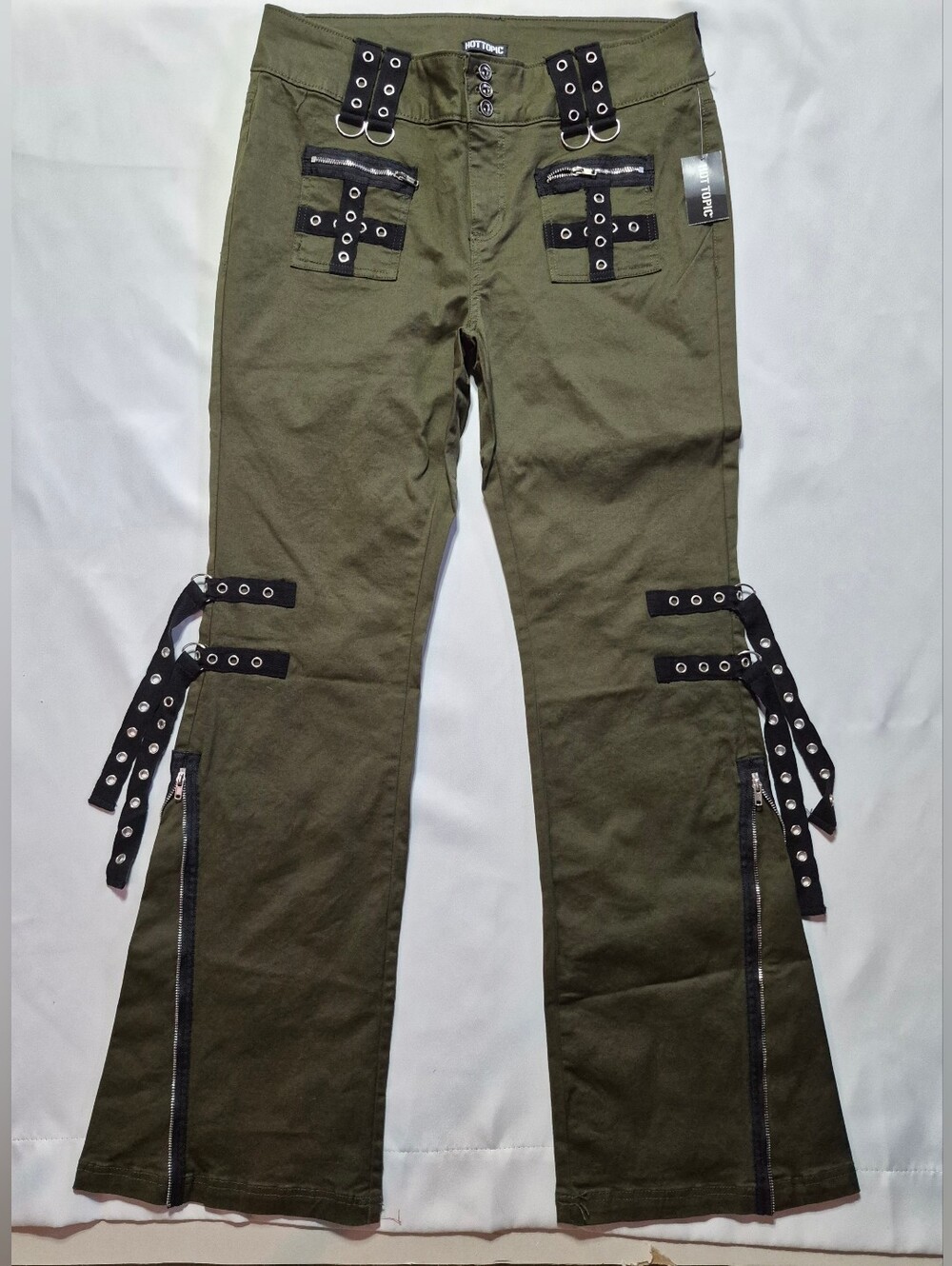 Hot Topic Olive Green Flare Jeans with Grommet Straps